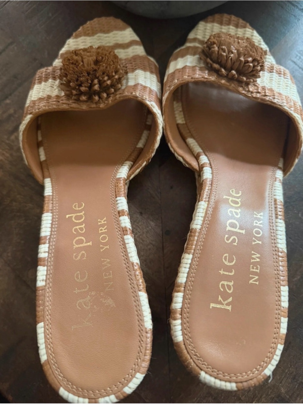 EUC Kate Spade New York Woven Brown Cream Floral Slide Sandals Size 10B